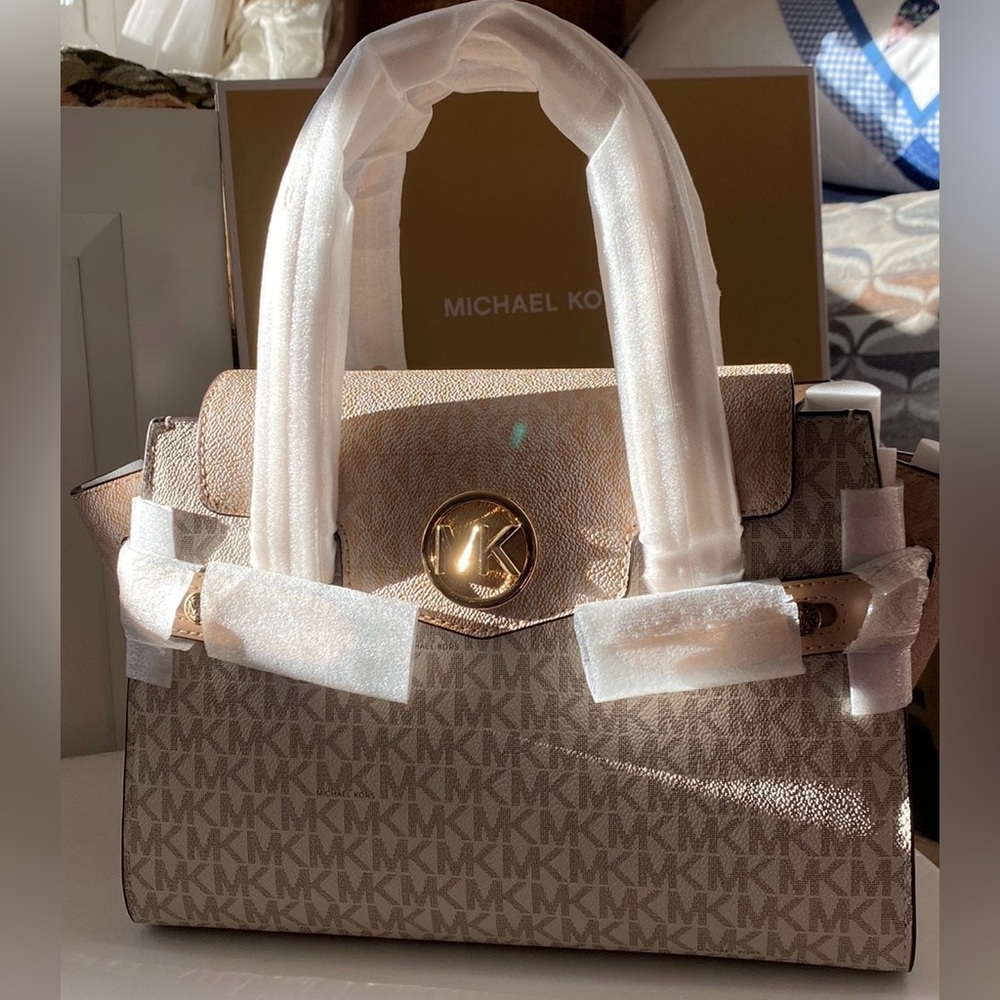 MICHAEL KORS”CARMEN” COLOR-BLOCK LOGO SATCHEL - Picture 6 of 10